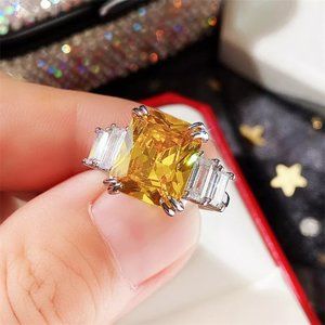 925 Silver Plated Iced Out CZ Yellow Crystal Wedding Ring, MARR9454